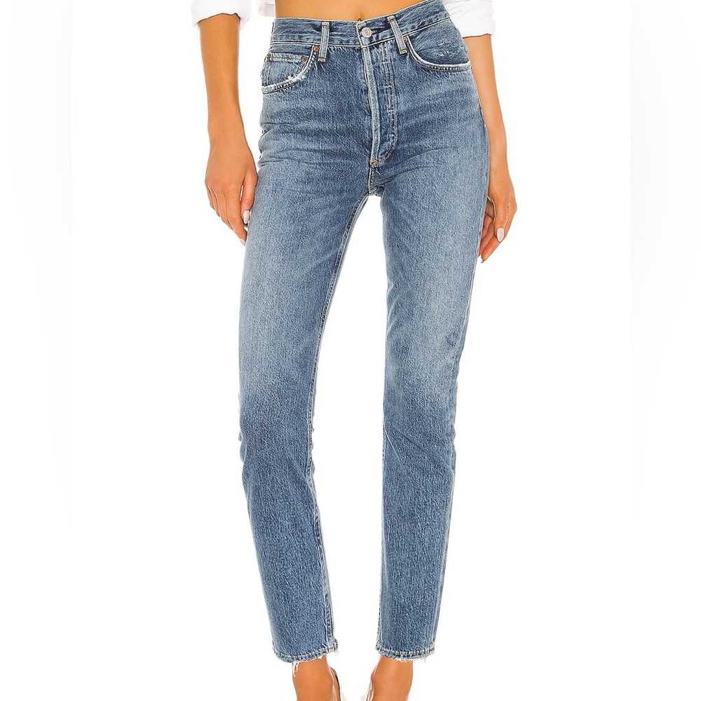 Agolde High-Rise Straight Leg Jeans in Medium Blue Wash